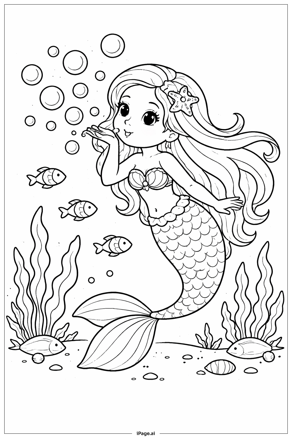 Mermaid Playing with Bubbles Coloring Page