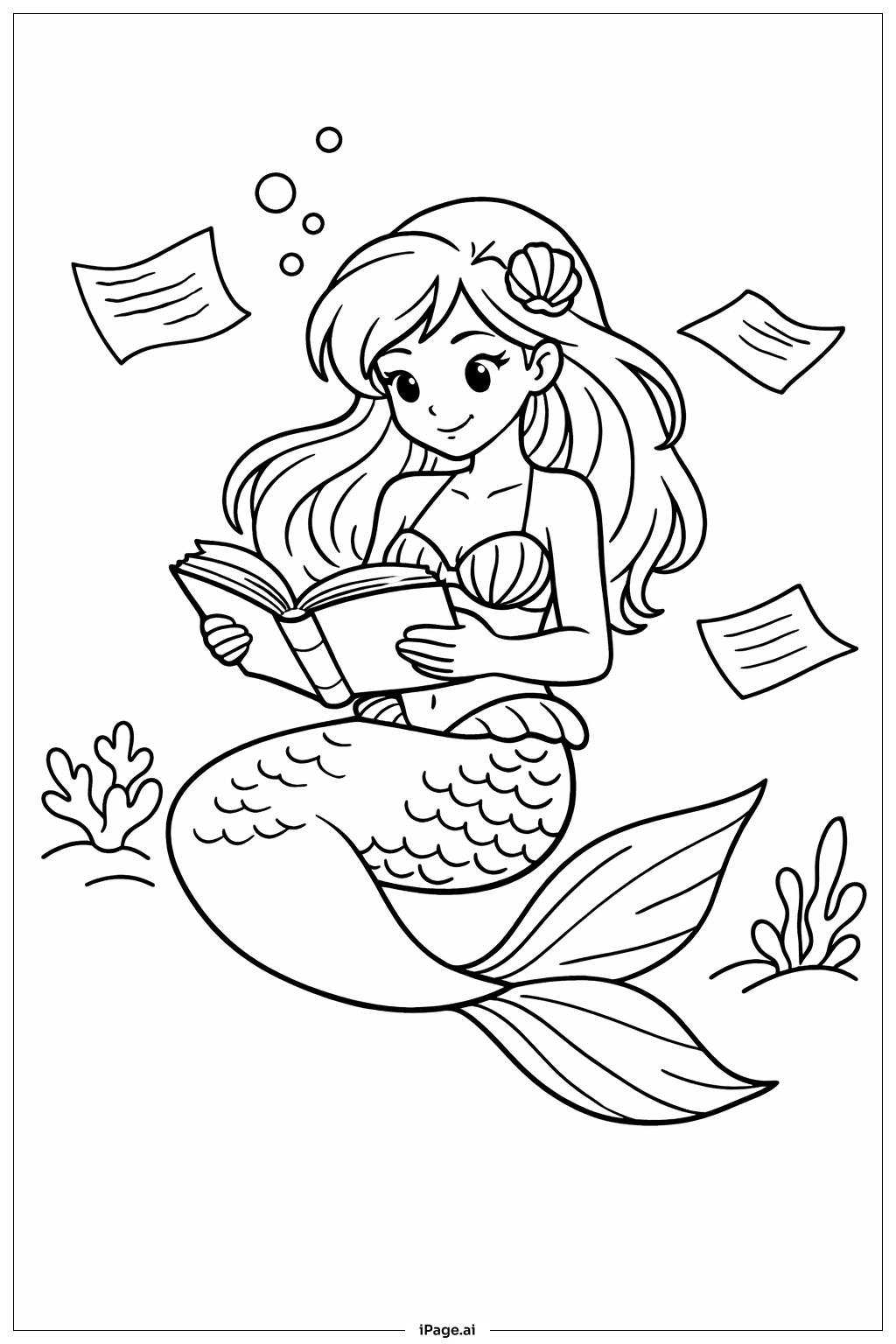 Mermaid Reading Underwater Book Coloring Page