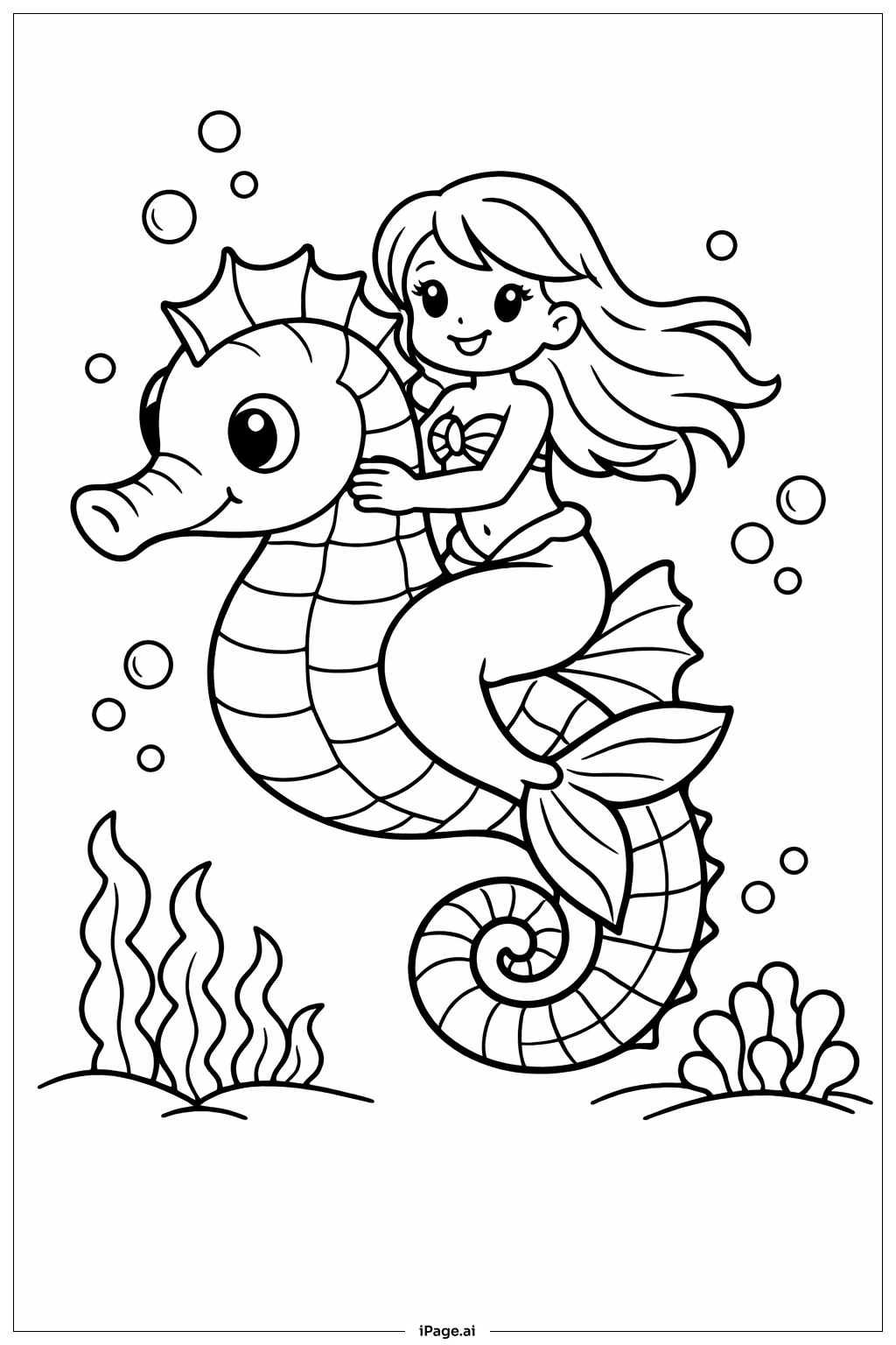 Mermaid Riding Seahorse Coloring Page