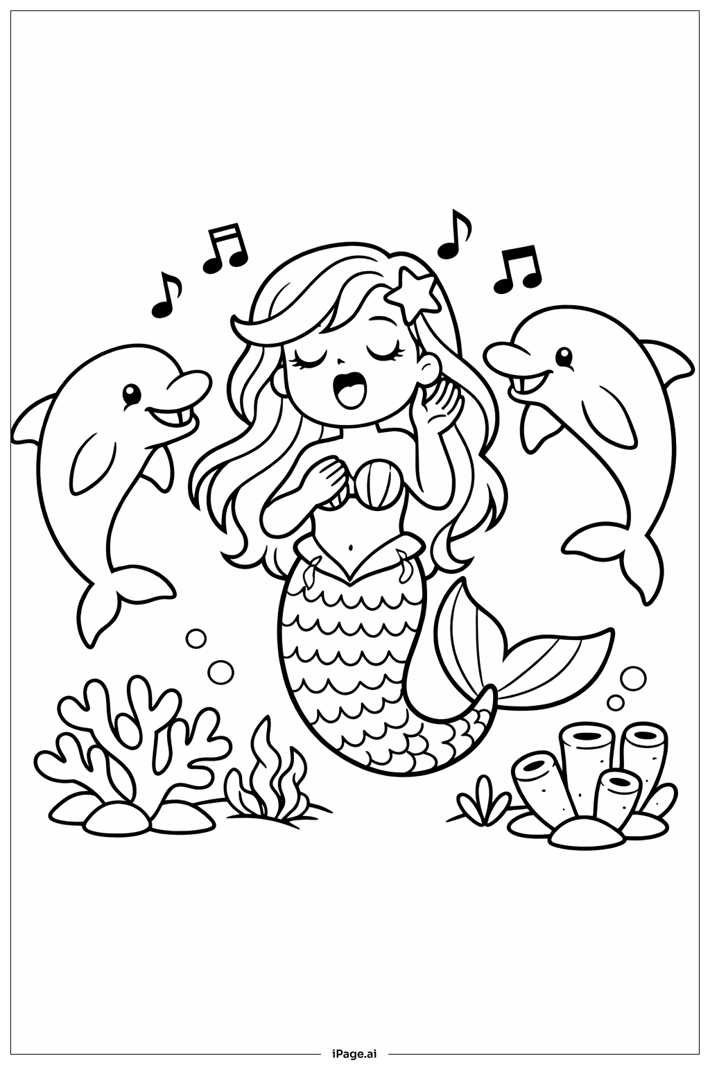 Mermaid Singing to Dolphins Coloring Page