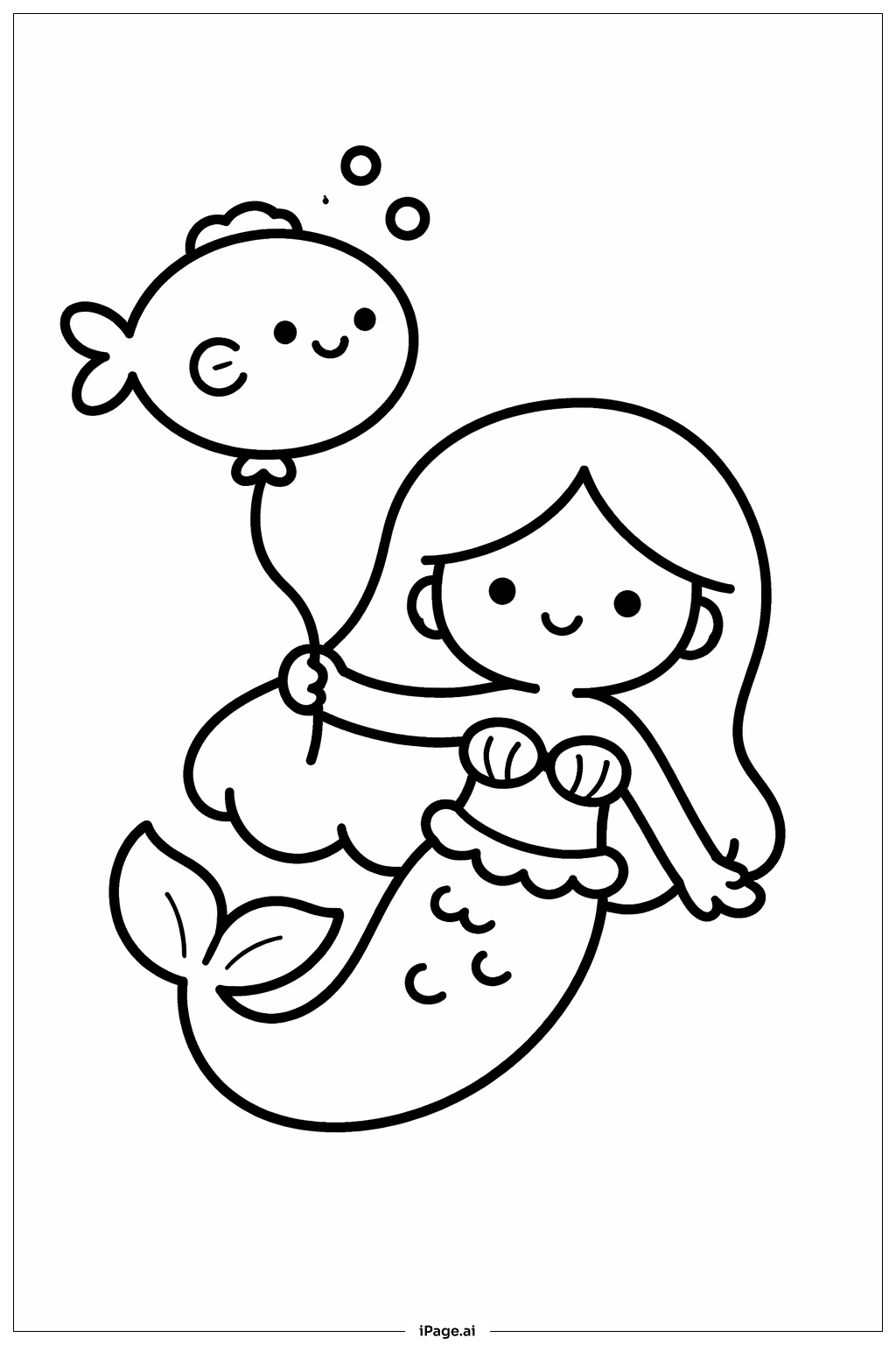 Mermaid with Balloon Fish Coloring Page