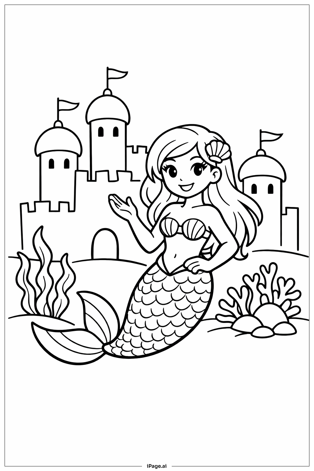 Mermaid with Underwater Castle Coloring Page