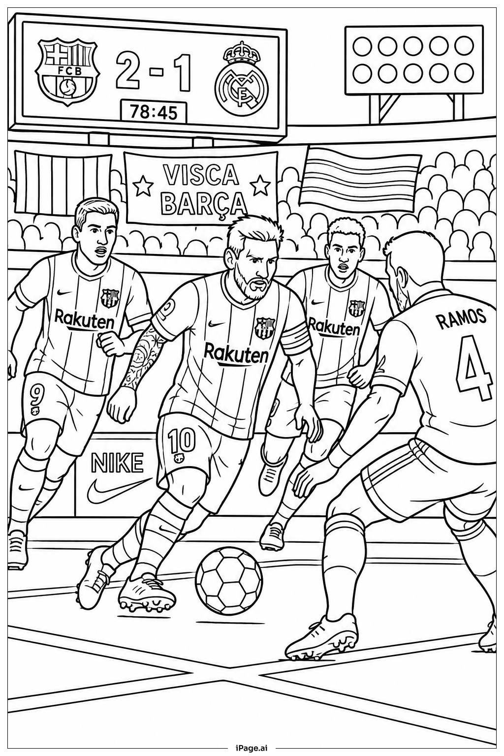 メッシ激しい試合の瞬間の塗り絵ページ