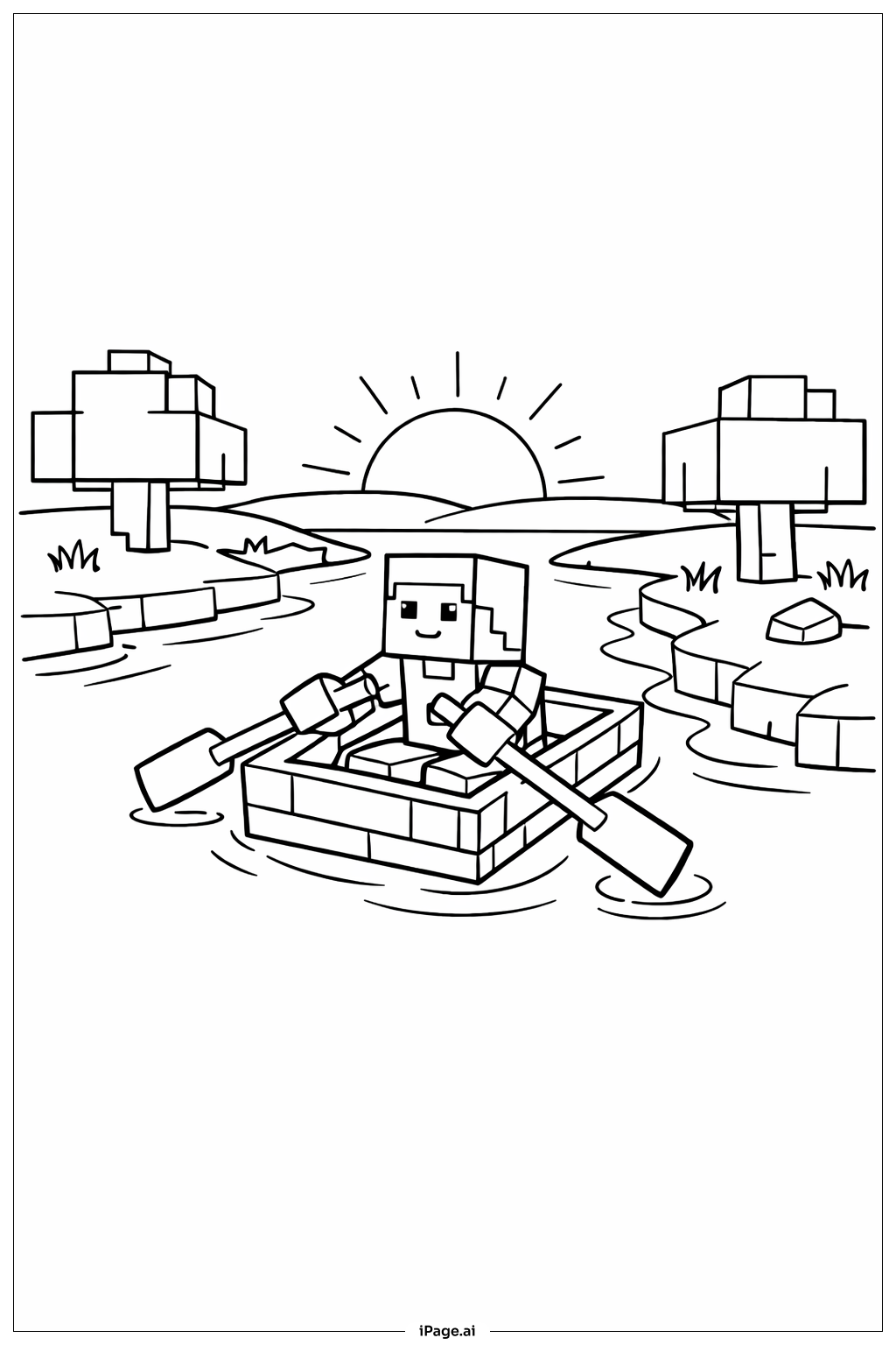  Minecraft 河上的船填色页 