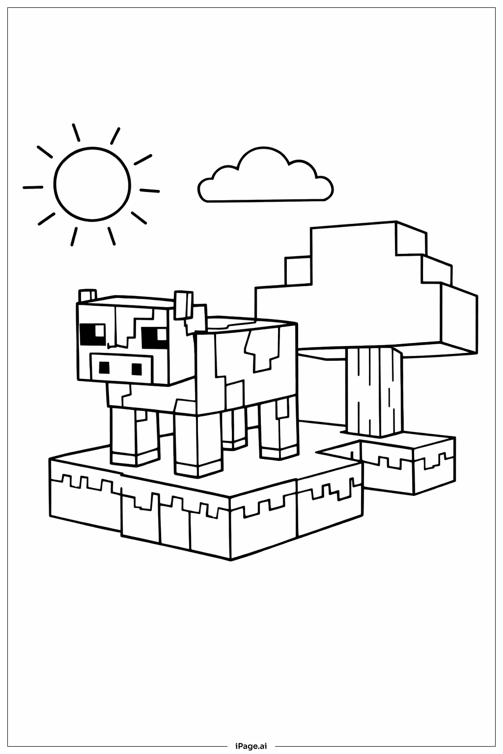  Minecraft 牧草地上的奶牛填色页 