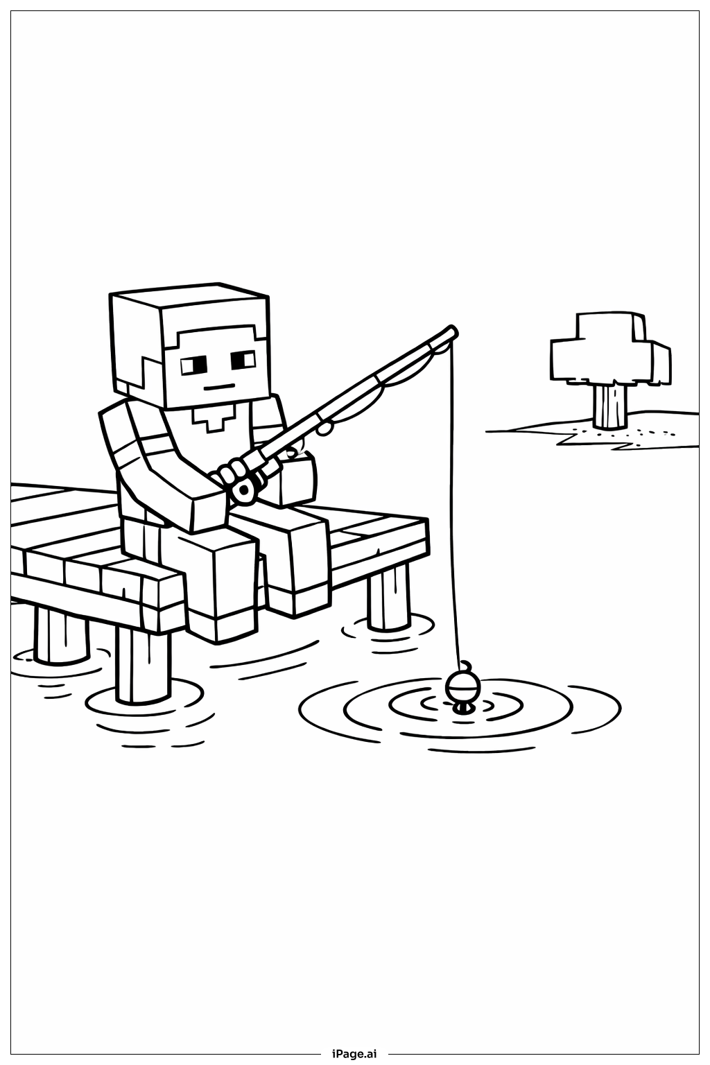  Minecraft 湖边钓鱼填色页 