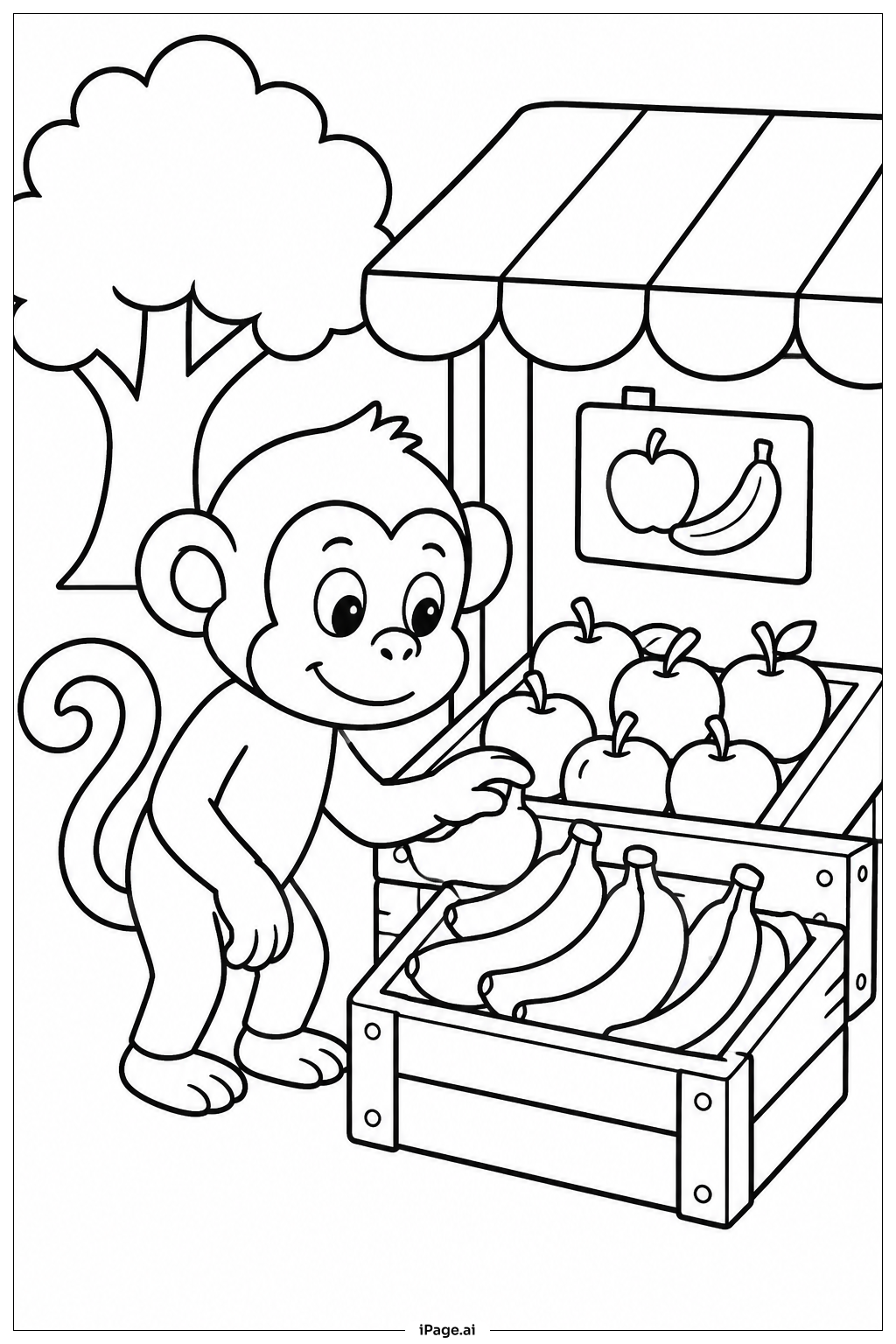 Page de coloriage Singe au Stand de Fruits