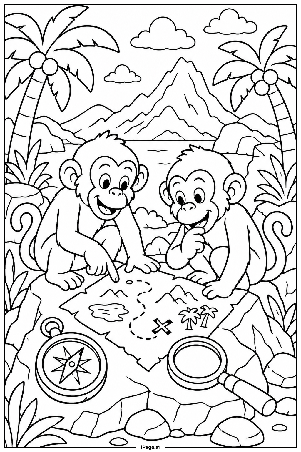 Page de coloriage Singe Explorateur avec Carte