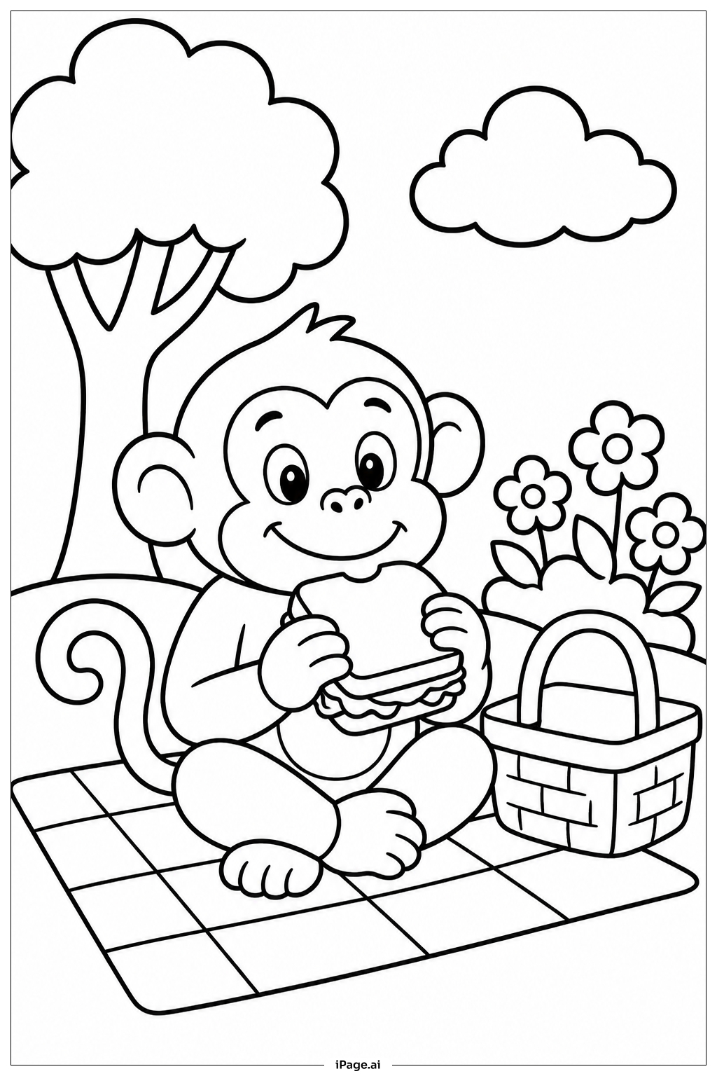 Page de coloriage Singe sur une couverture de pique-nique