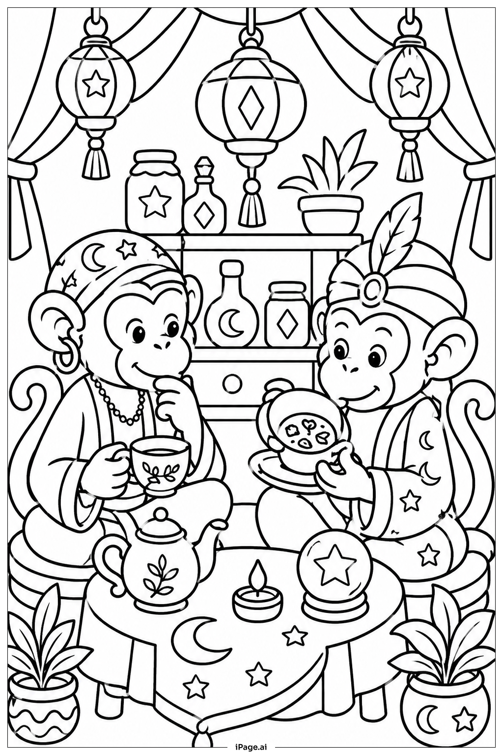 Page de coloriage Singe Lisant les Feuilles de Thé