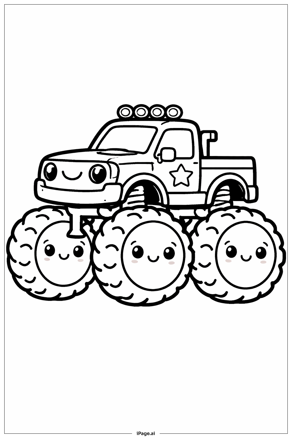 怪兽卡车可爱车轮脸填色页