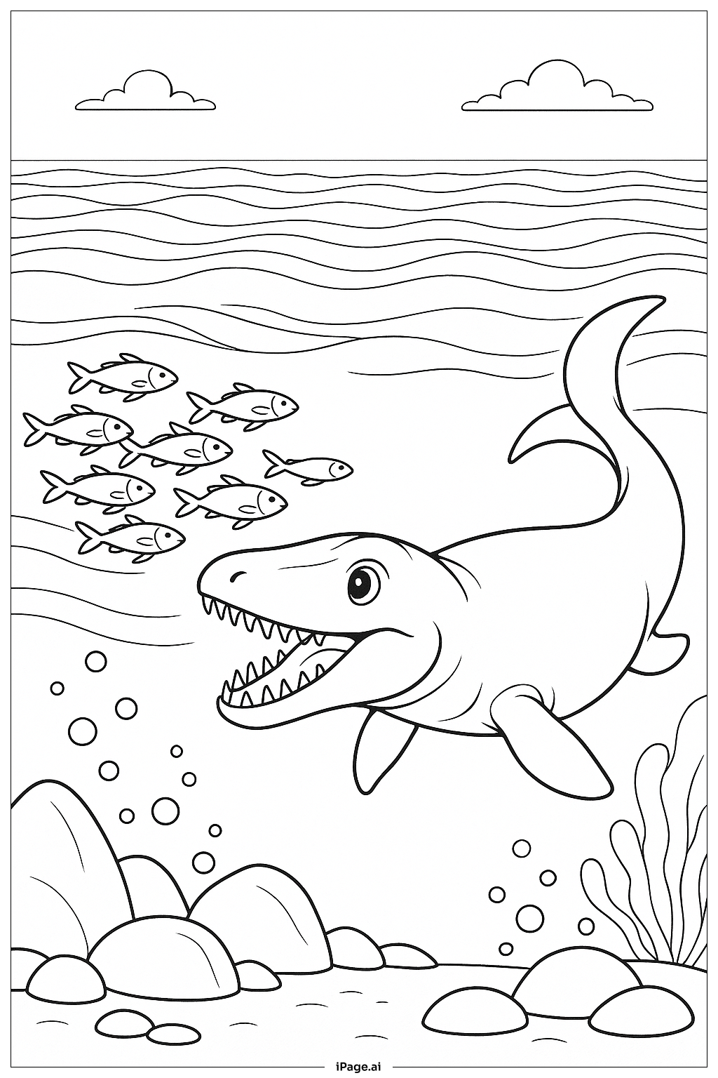  모사사우루스가 물고기 떼를 쫓다 색칠공부 페이지 