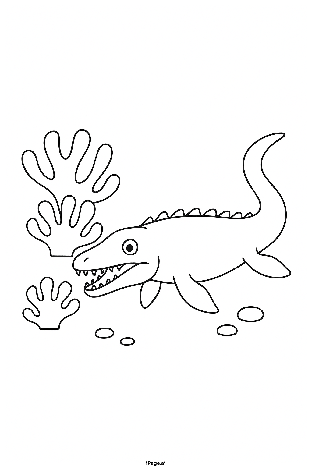  산호 모양 근처의 모사사우루스 색칠공부 페이지 