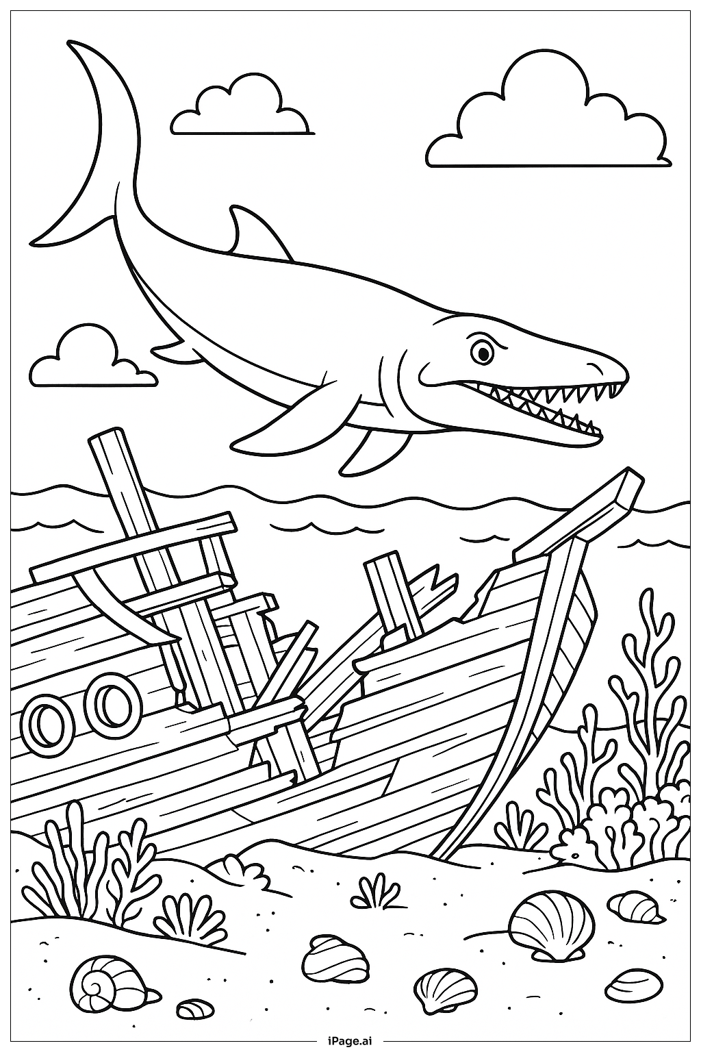  난파선 근처의 모사사우루스 색칠공부 페이지 