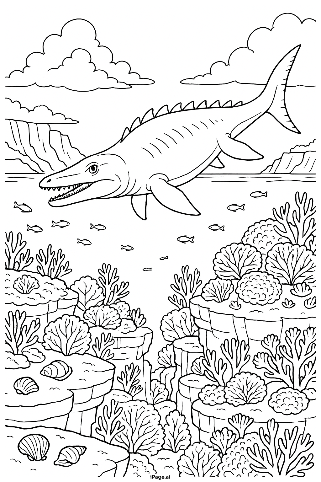  산호 협곡 위 모사사우루스 색칠공부 페이지 