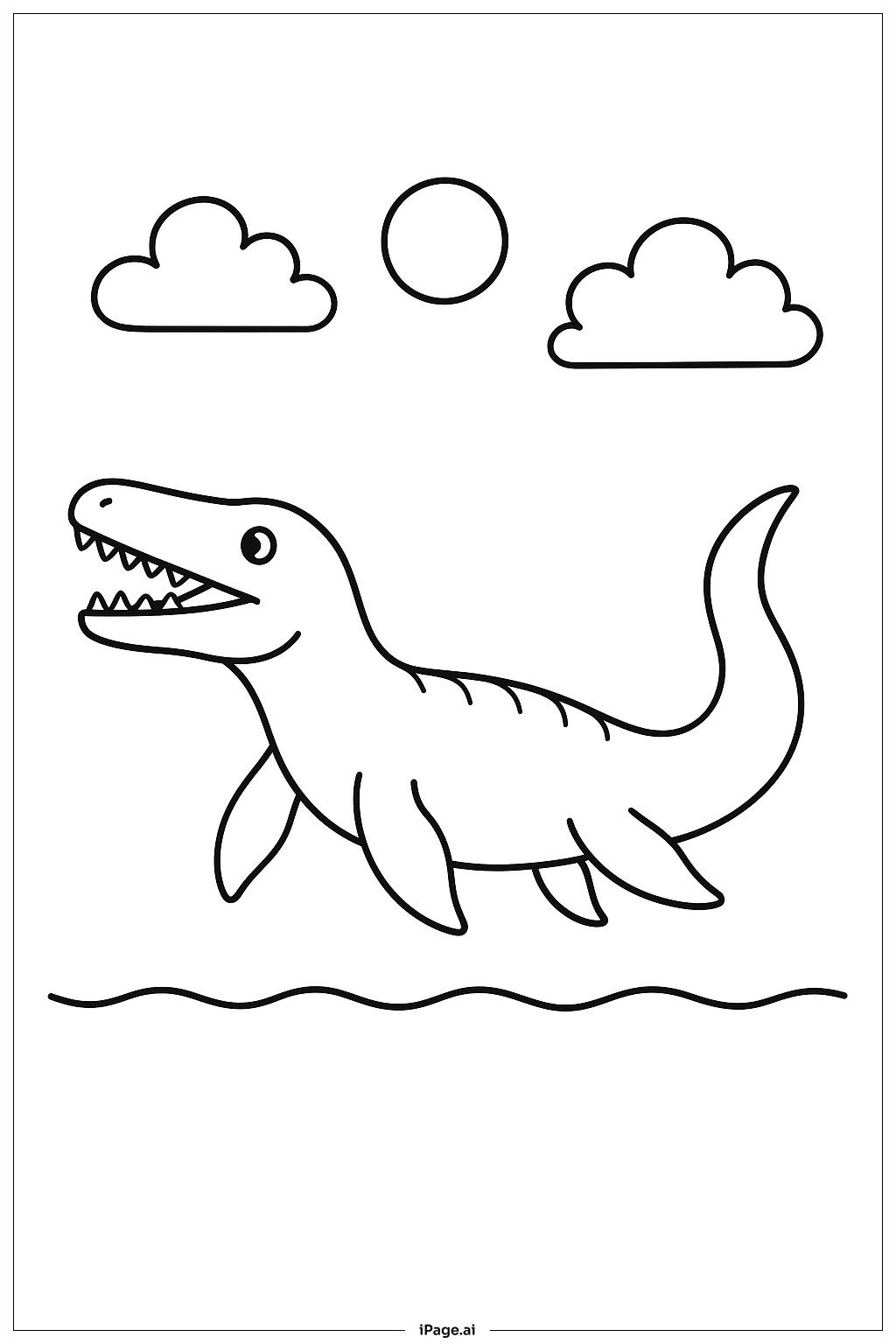  태양과 구름 아래 모사사우루스 색칠공부 페이지 