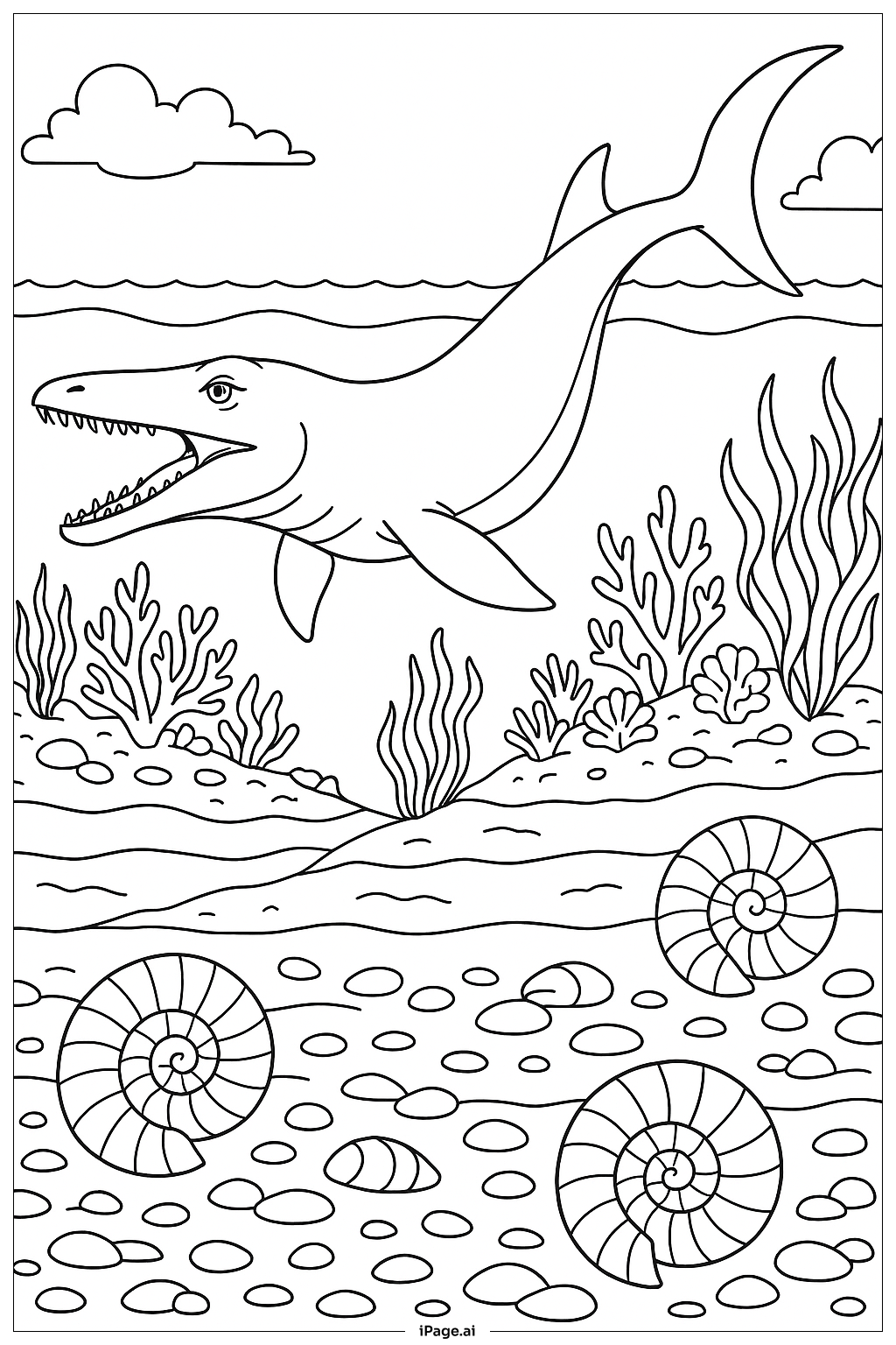 암모나이트와 조개가 있는 모사사우루스