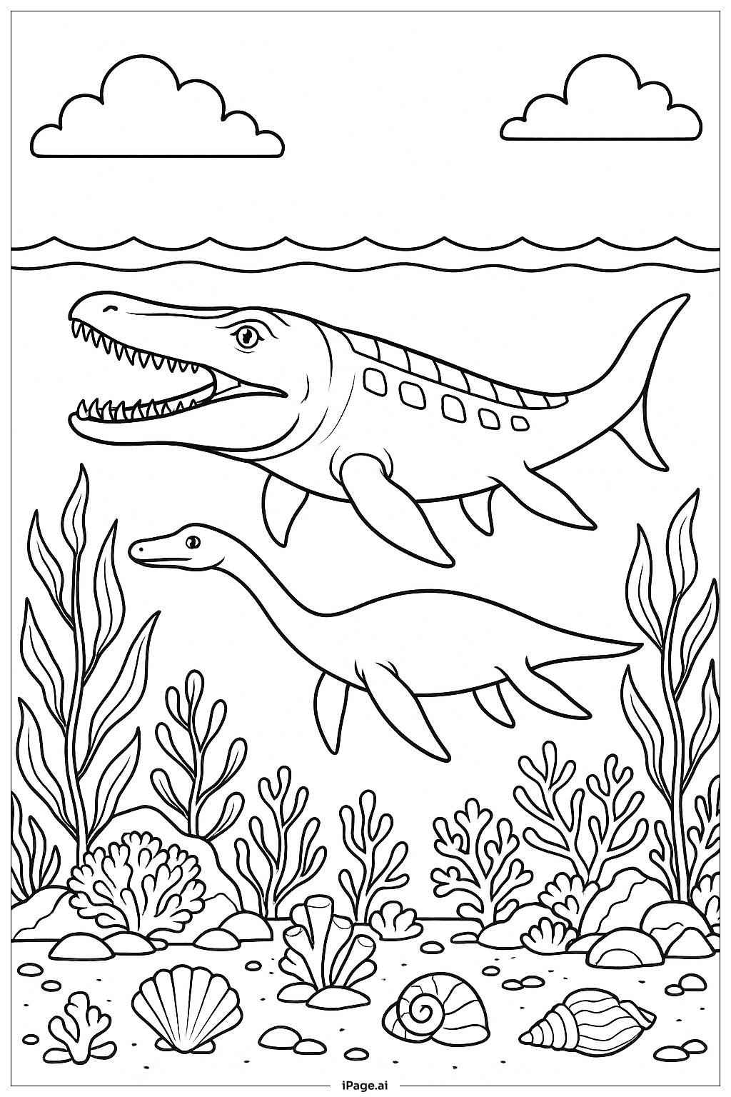  플레시오사우르스와 모사사우루스 색칠공부 페이지 