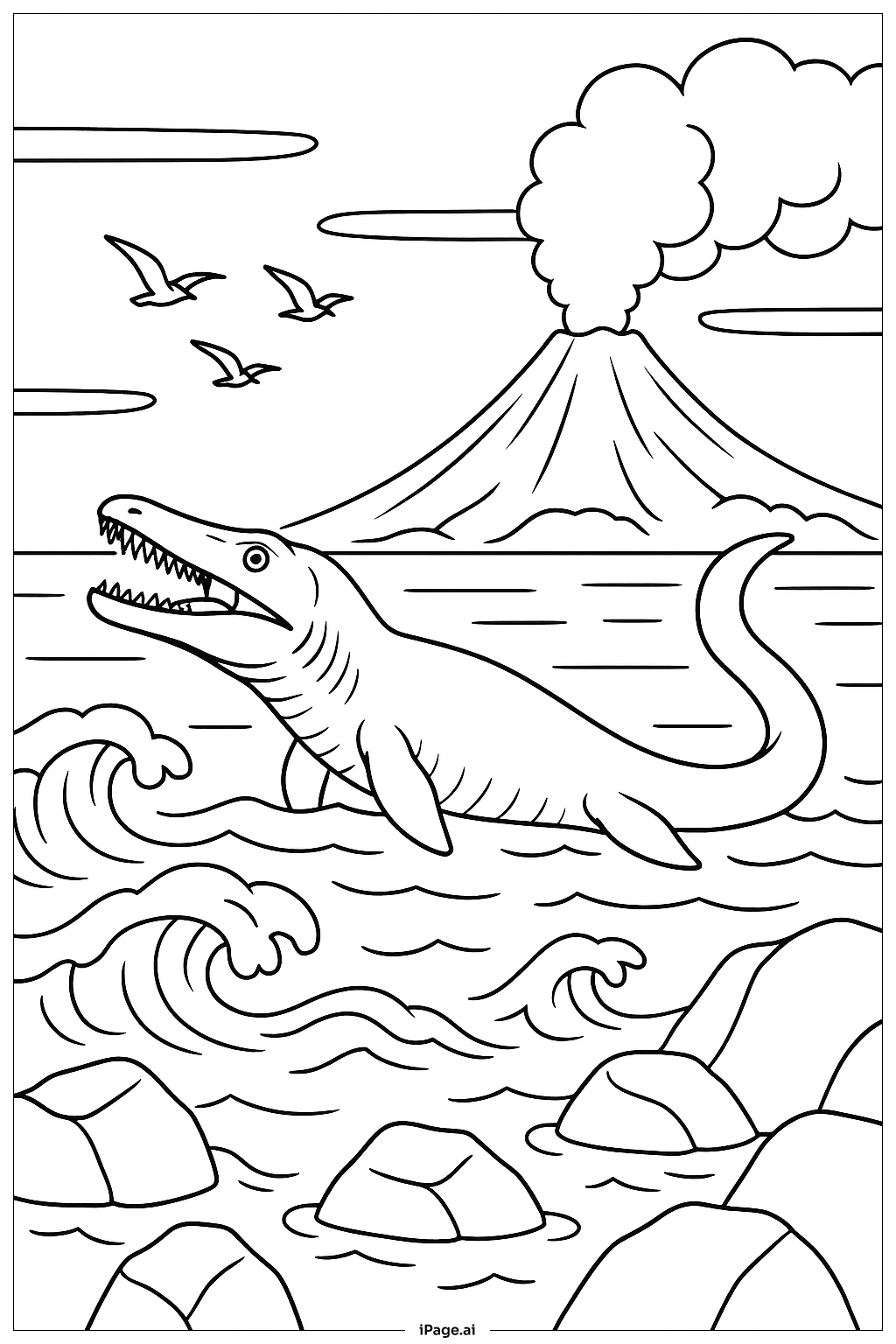 화산과 새가 있는 모사사우루스