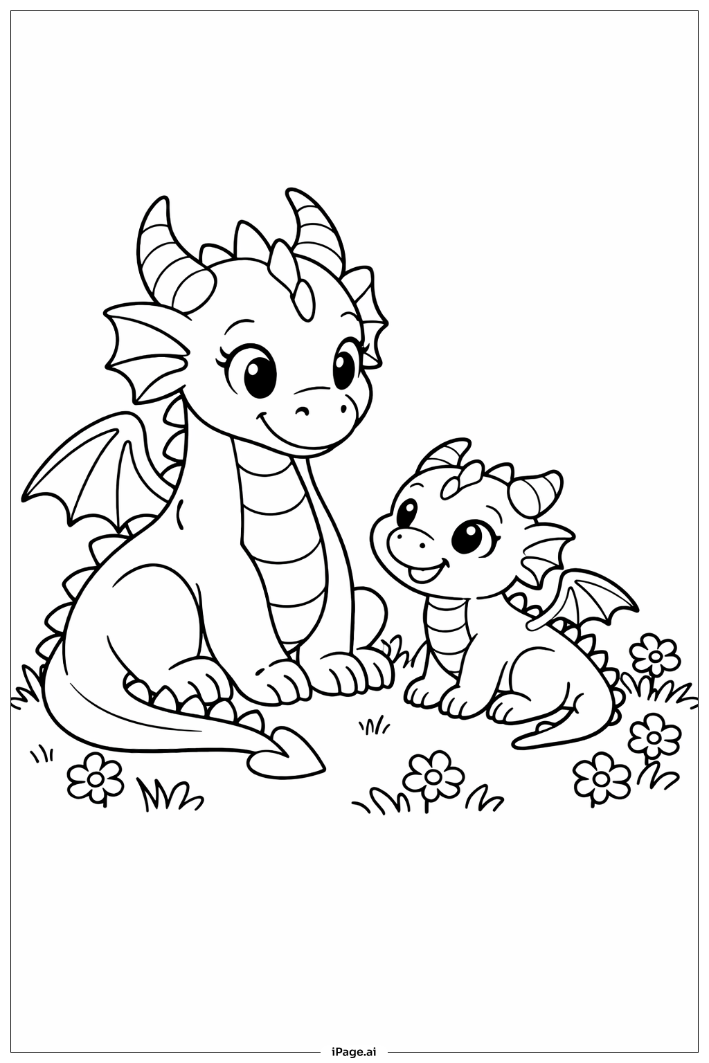  Página para colorir de Mãe Dragão com Bebê 