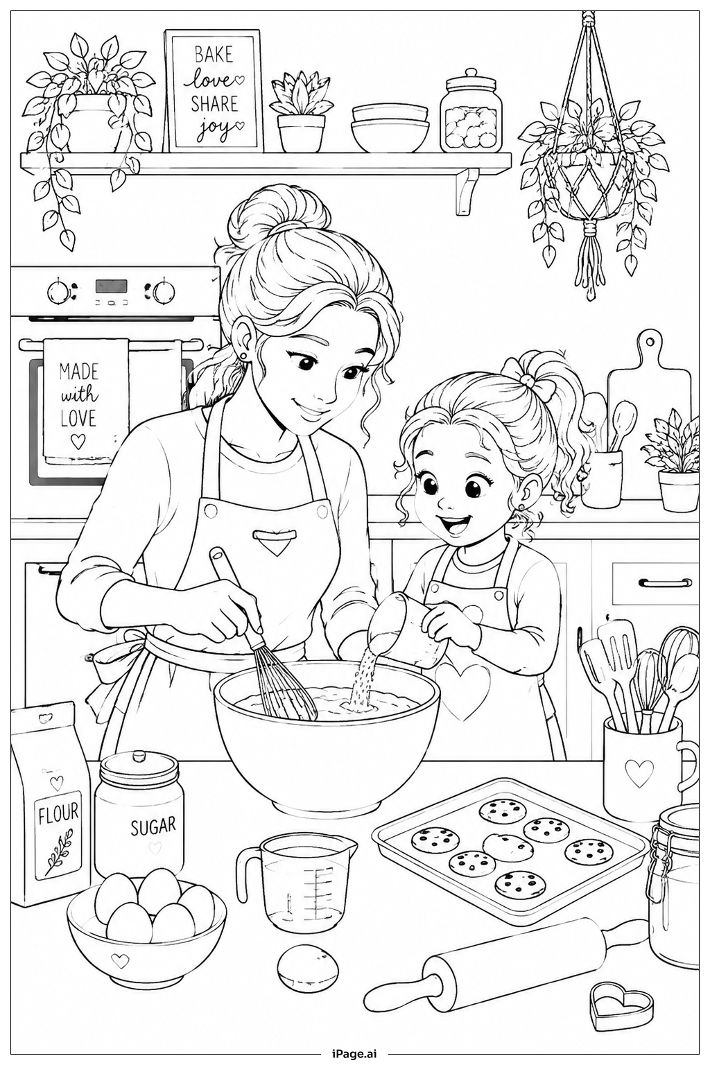 Muttertagskarte – Gemeinsam in der Küche backen Ausmalseite