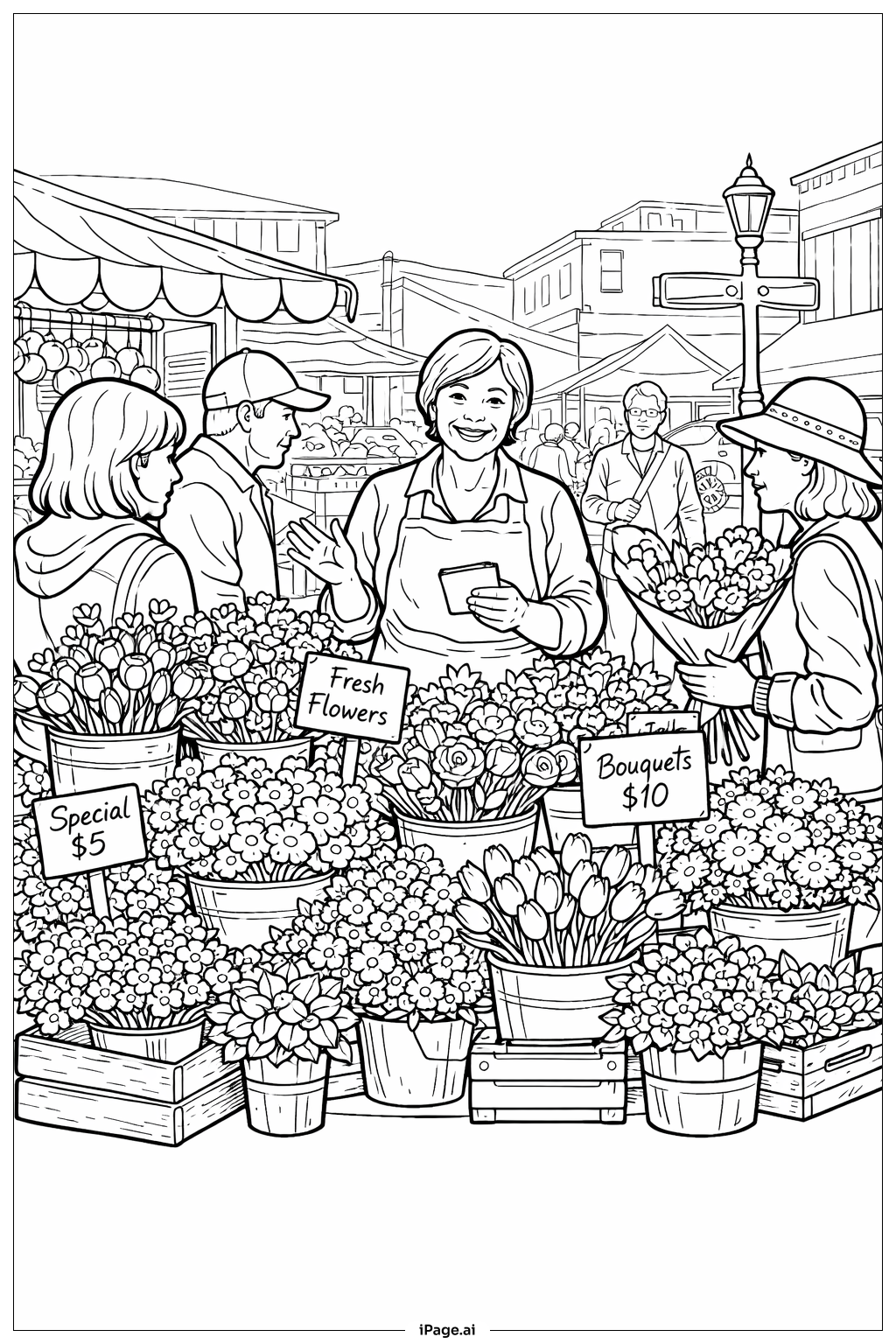  Página para colorear de Puesto de Flores para el Día de la Madre 