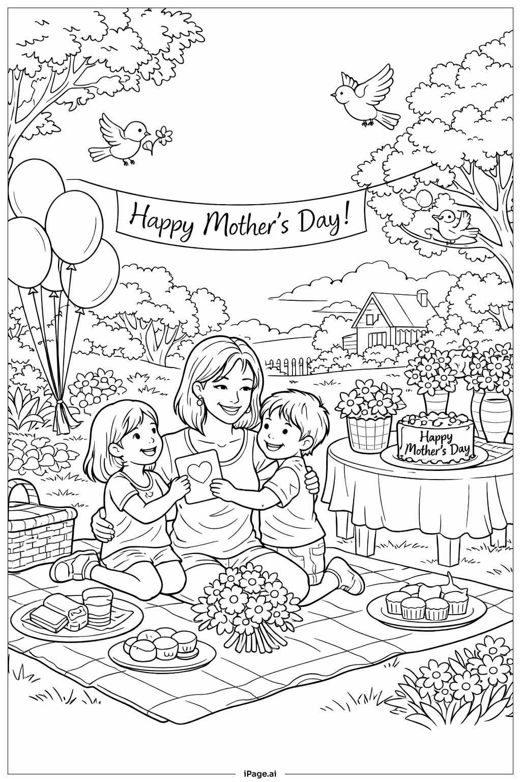  Mothers' Day Garden Party Family Scene Coloring Page 