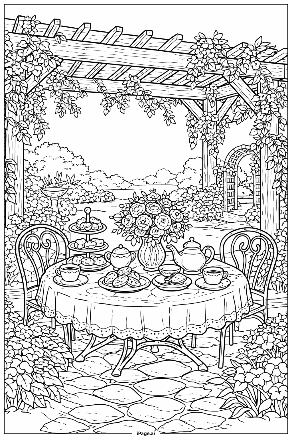  母の日のガーデンティーテーブルの塗り絵ページ 