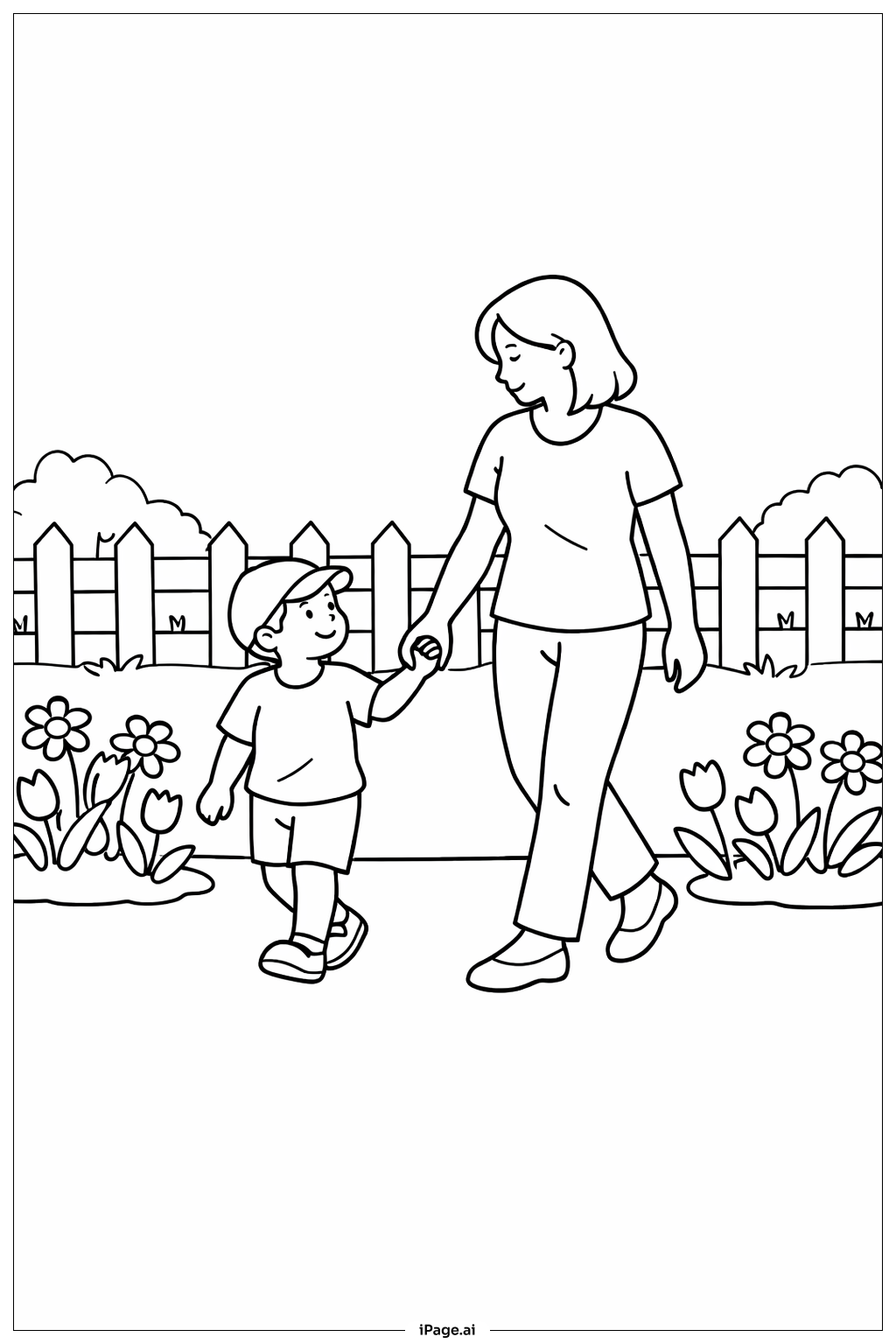  Página para colorear de Paseo por el jardín del Día de la Madre 