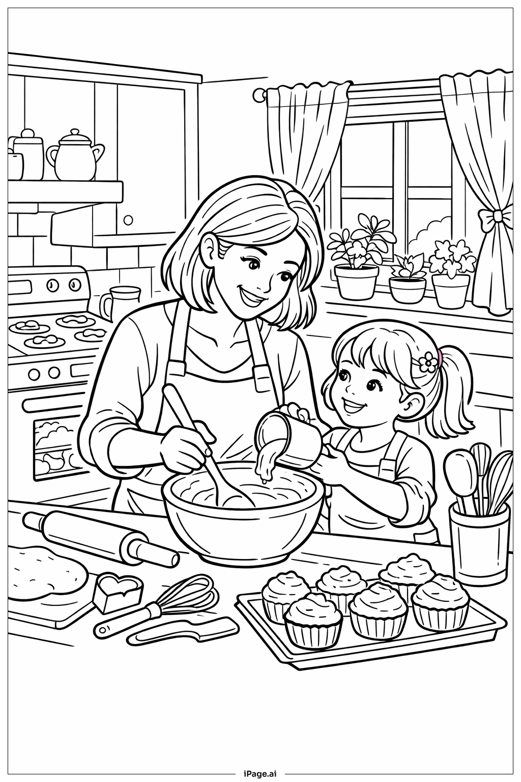  Mothers' Day Home Baking Scene Coloring Page 