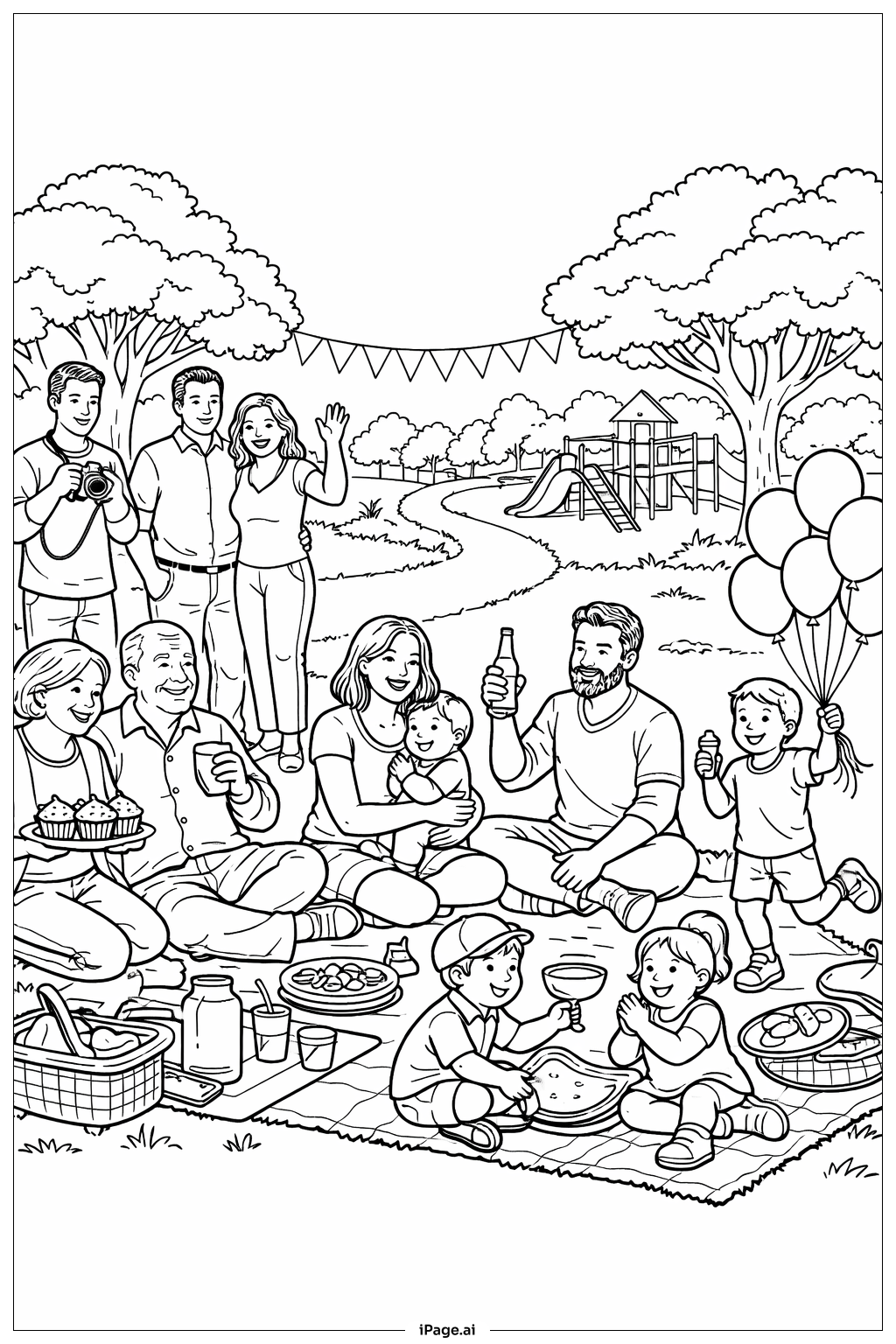  Página para colorear de Reunión en el parque por el Día de la Madre 