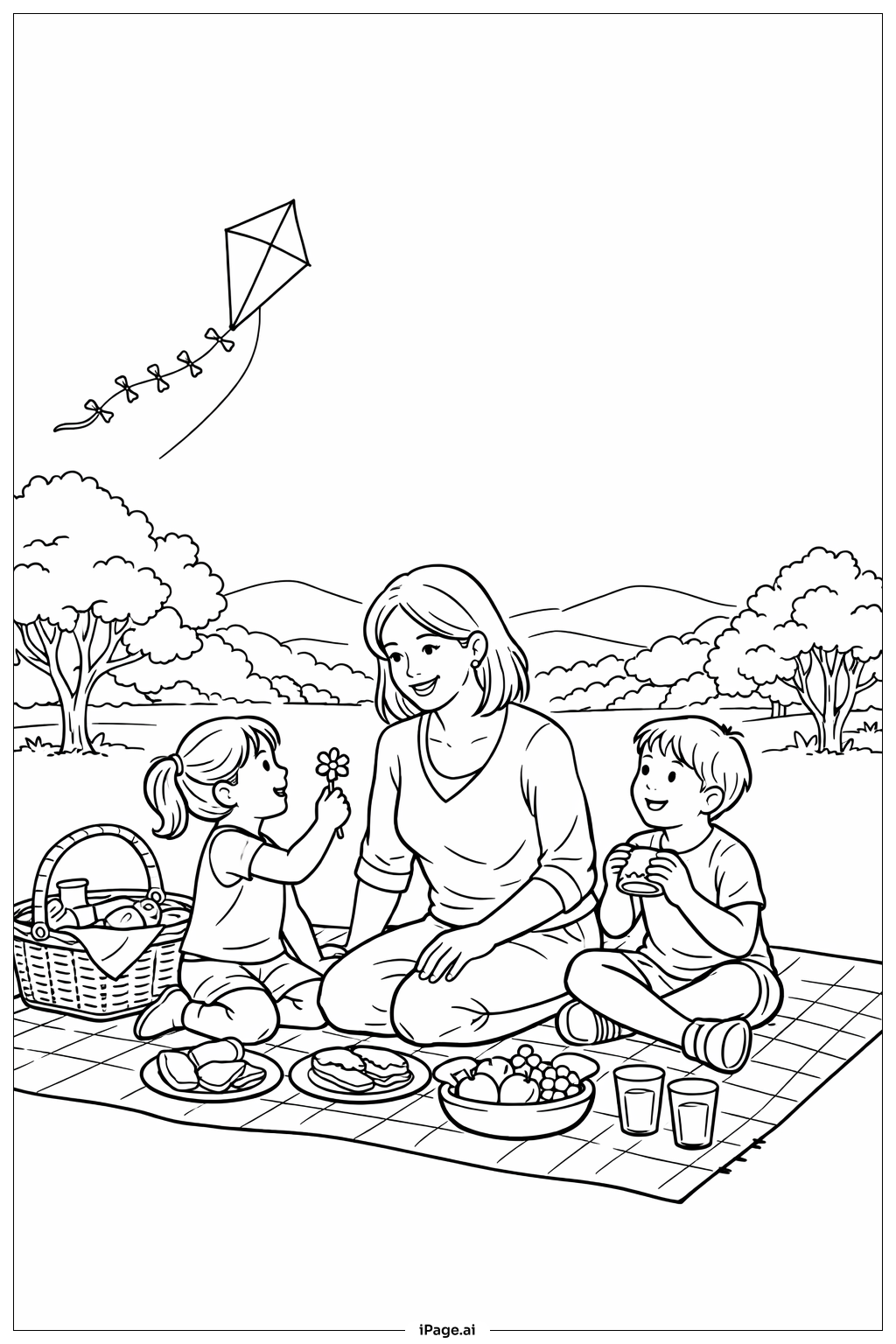  Mothers' Day Park Picnic Celebration Coloring Page 