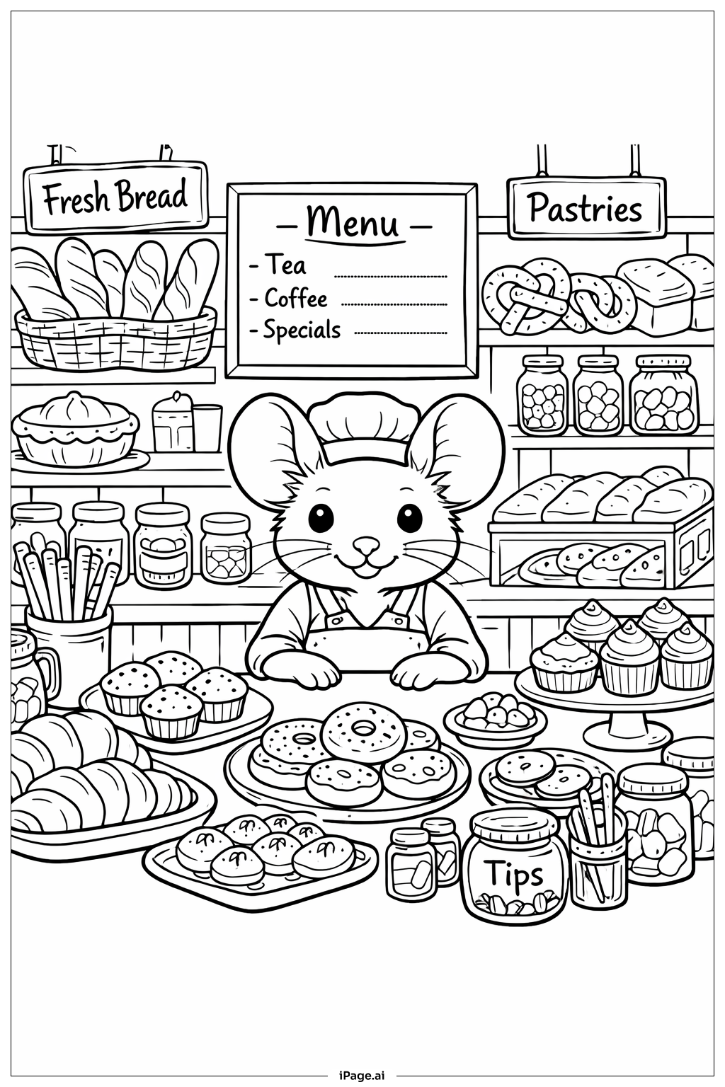  ネズミのベーカリーショップの内装の塗り絵ページ 