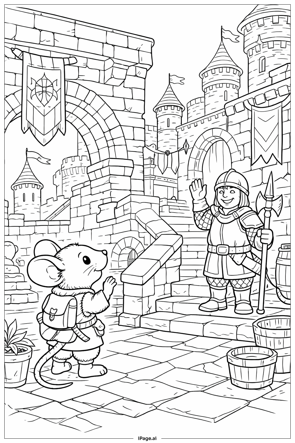  ネズミの城の冒険シーンの塗り絵ページ 