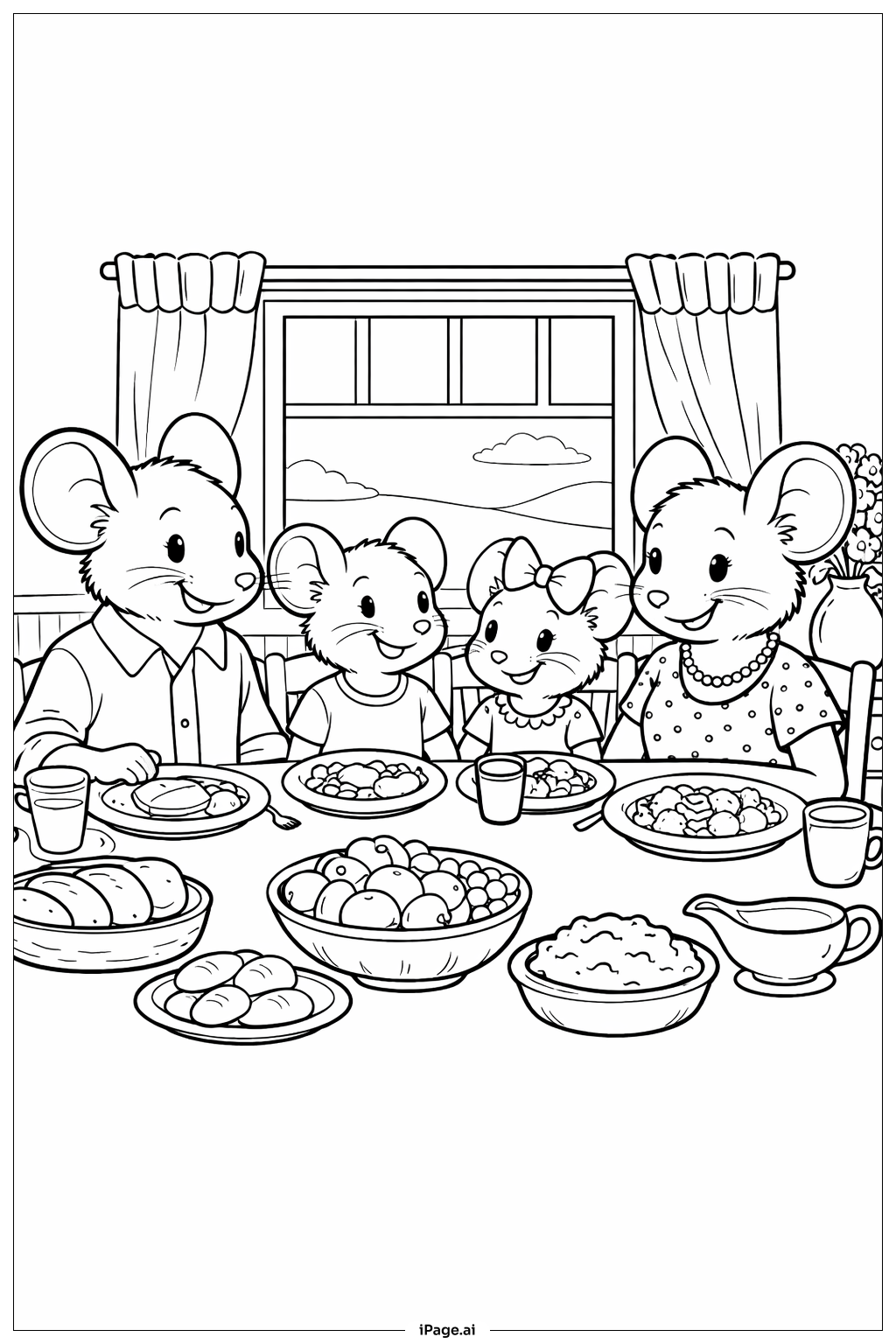  ネズミ家族のディナーシーンの塗り絵ページ 