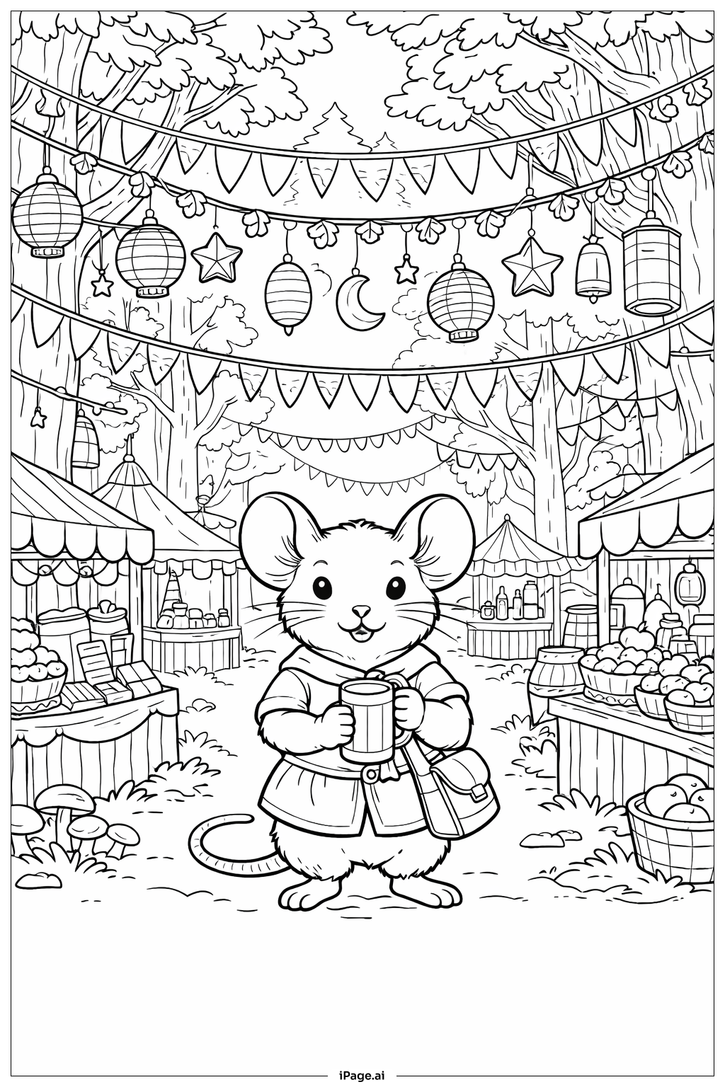  森の祭りのネズミの塗り絵ページ 