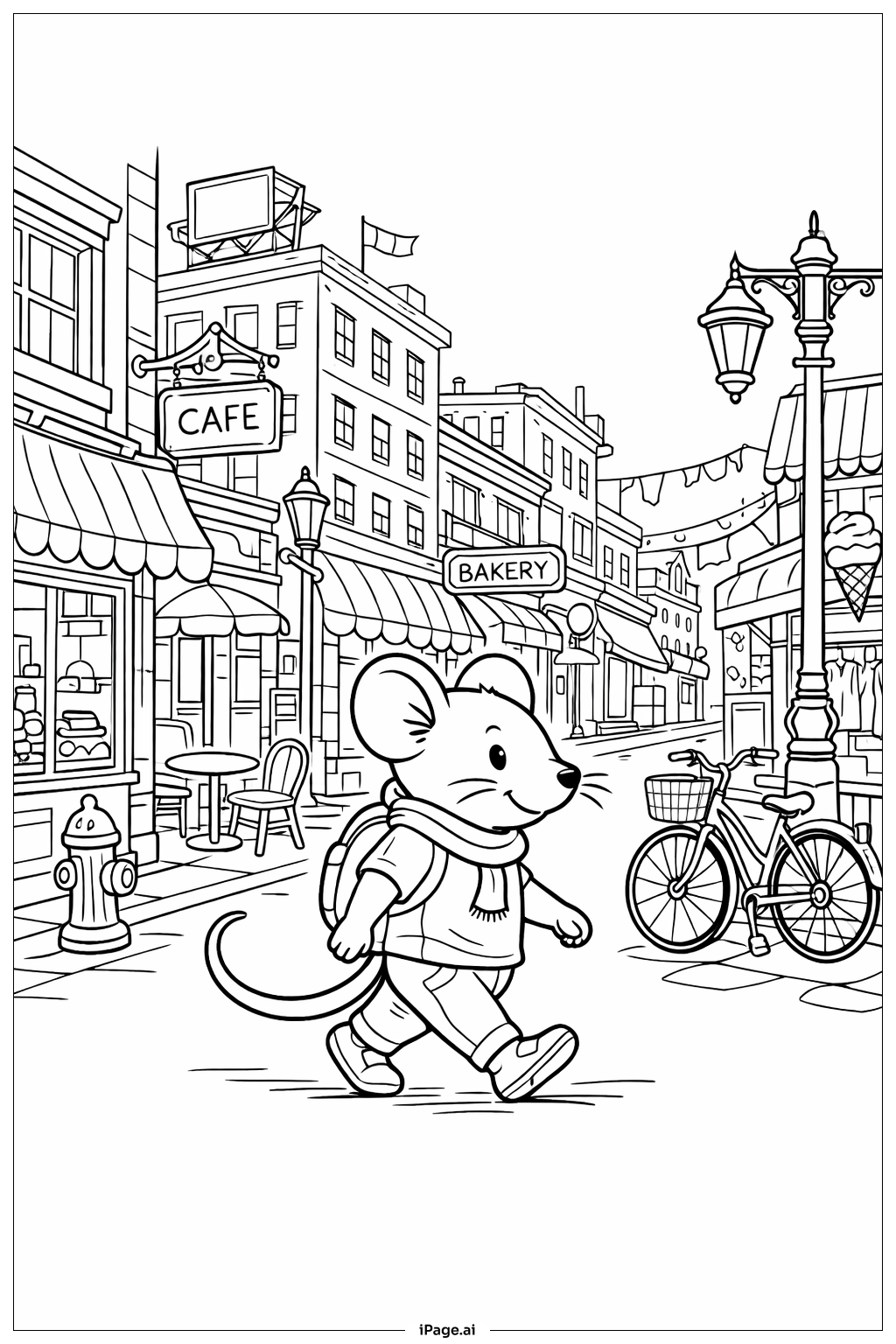  にぎやかな街の通りのネズミの塗り絵ページ 