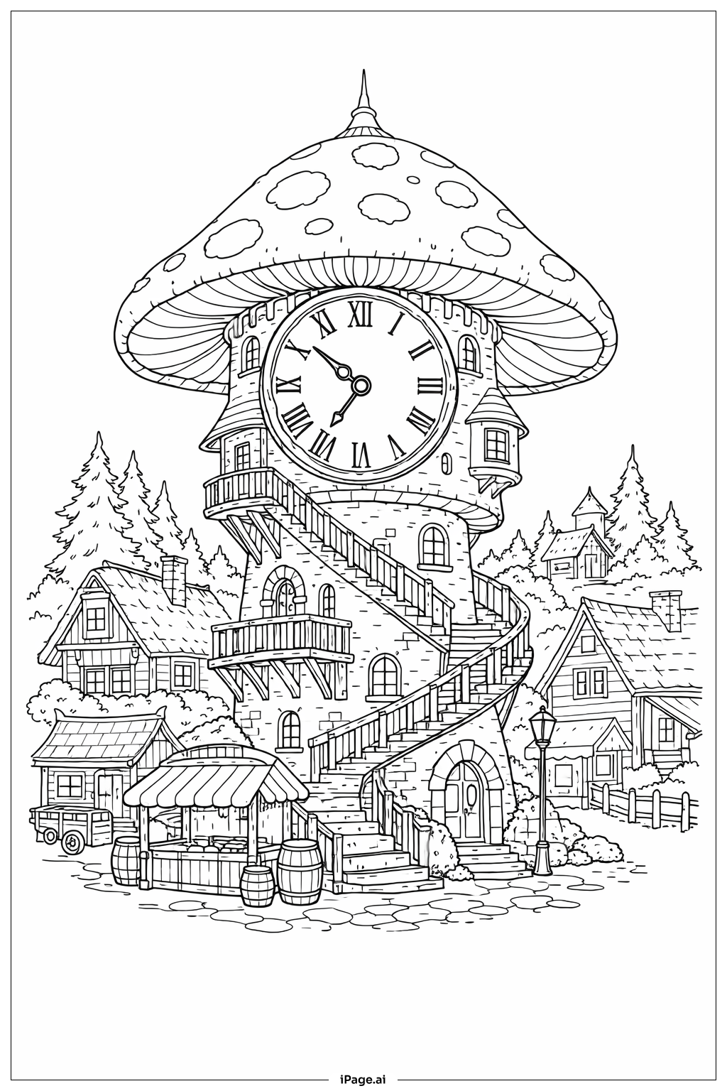  Mushroom Clock Tower Coloring Page 
