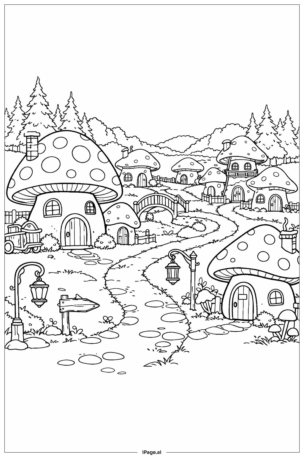  キノコの村の風景の塗り絵ページ 