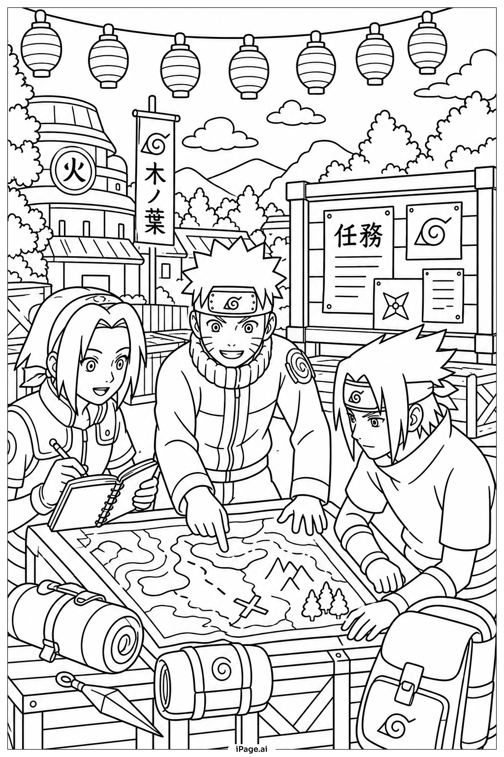 Naruto und Verbündete bereiten eine Mission vor Ausmalseite