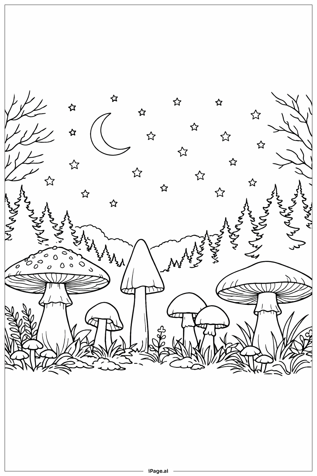  夜晚的蘑菇景觀著色頁 