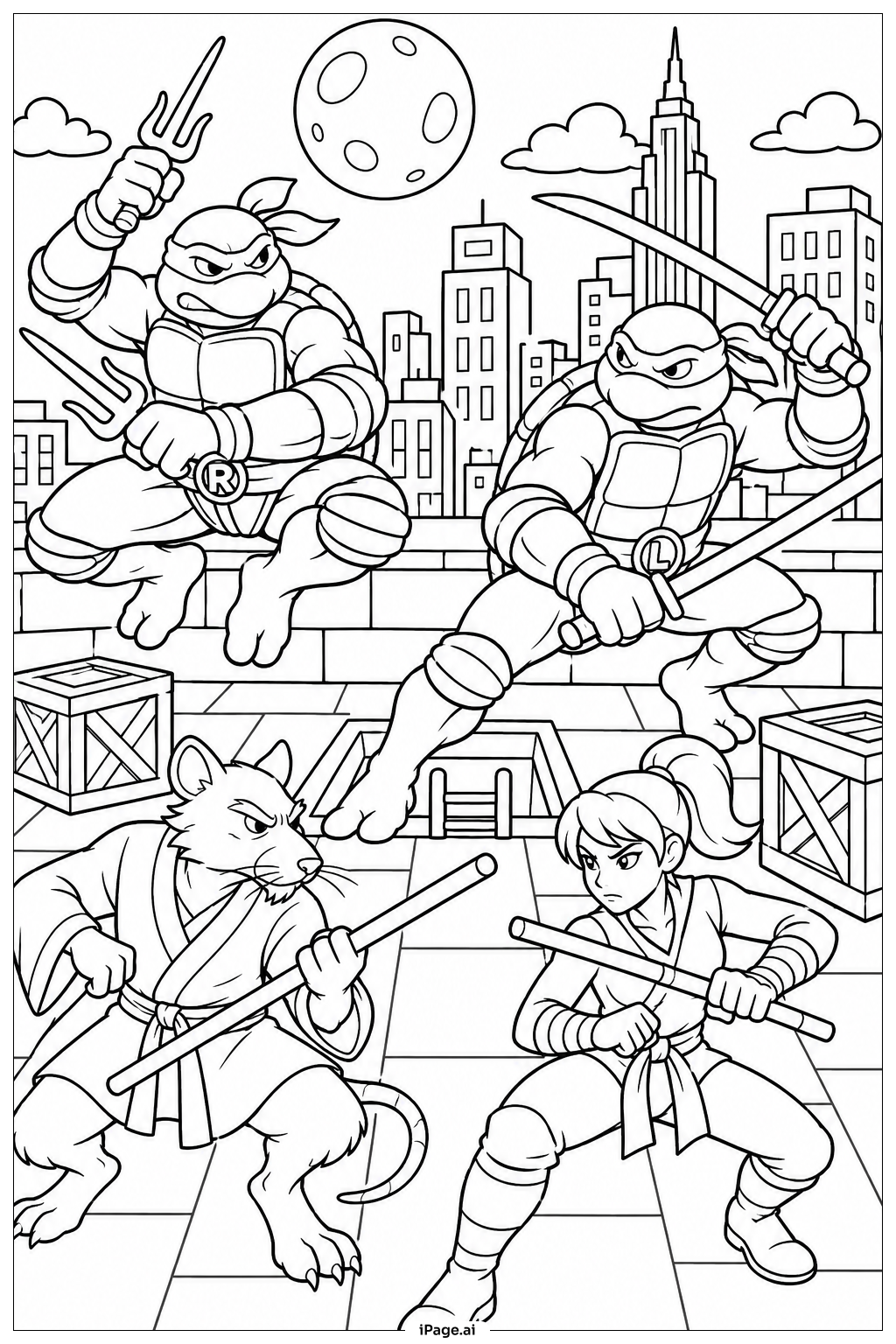 Ninja Turtles Battle Scene Coloring Page