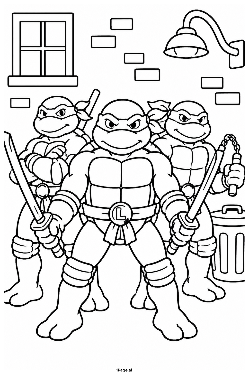 Página para colorir de Trio Mascarado dos Ninja Turtles