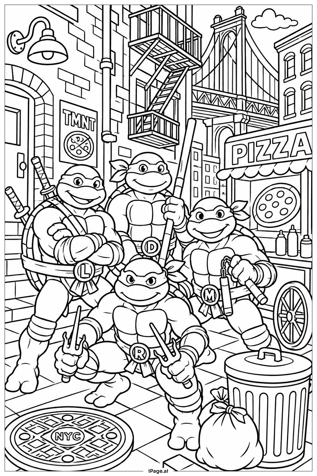 Ninja Turtles Multi Turtle Team Coloring Page