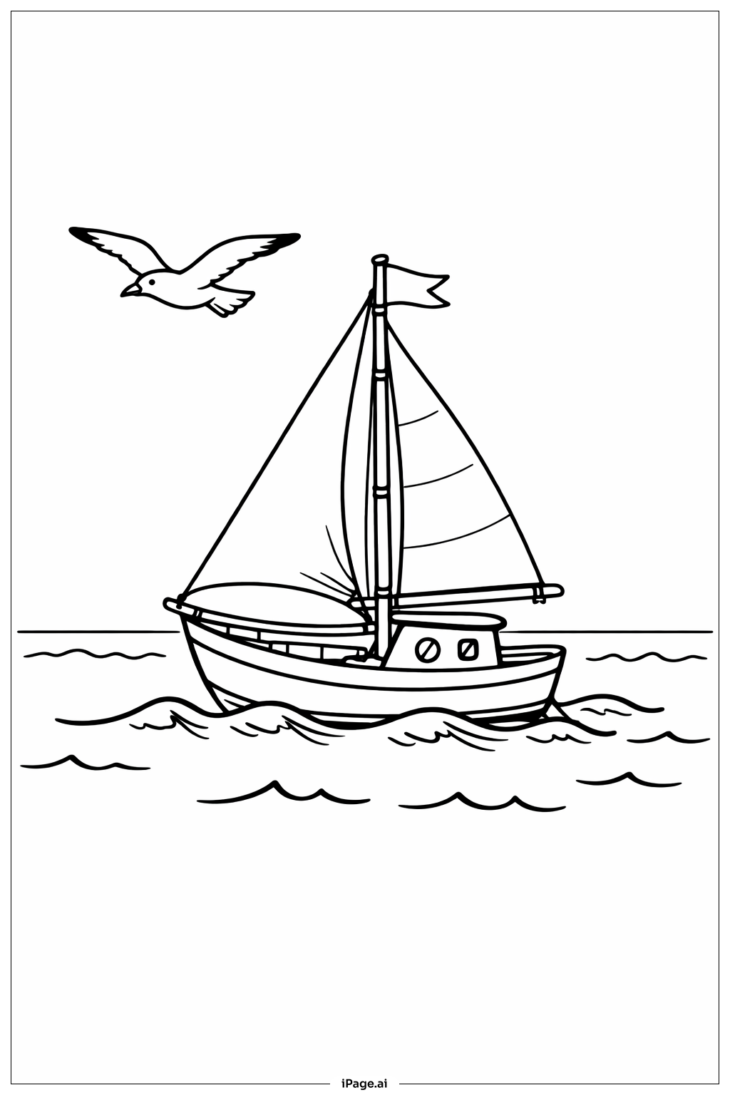  Página para colorear de Barco Oceánico y Gaviota 