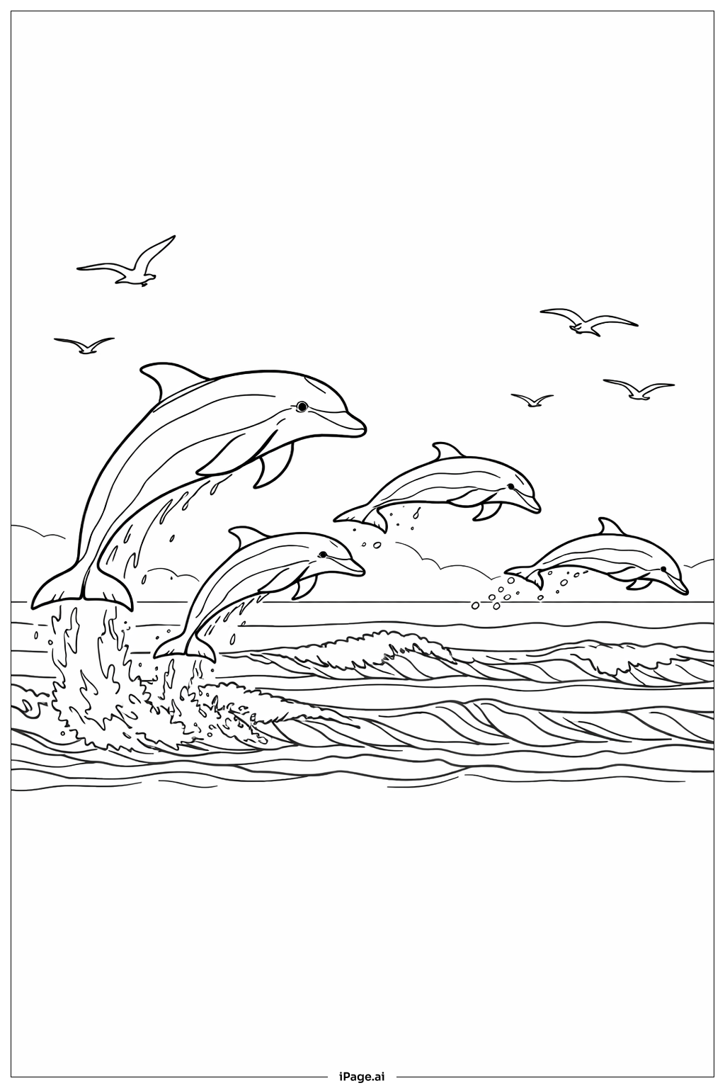 海洋海豚群與地平線著色頁