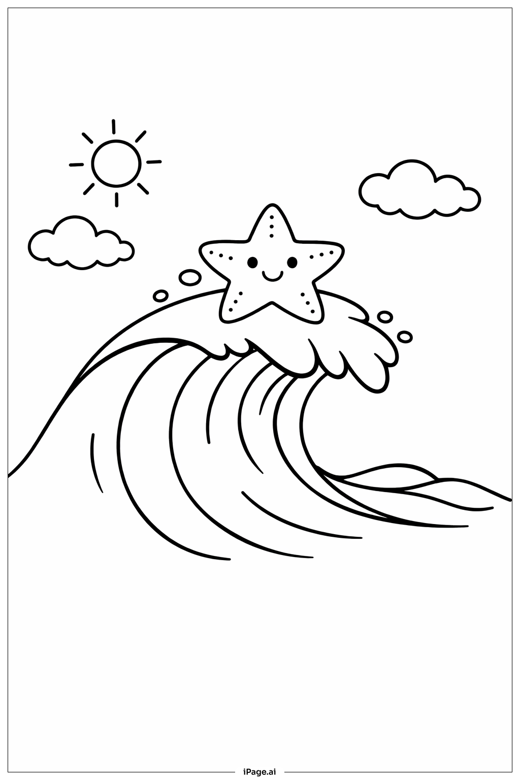  Página para colorear de Ola del océano con estrella de mar 