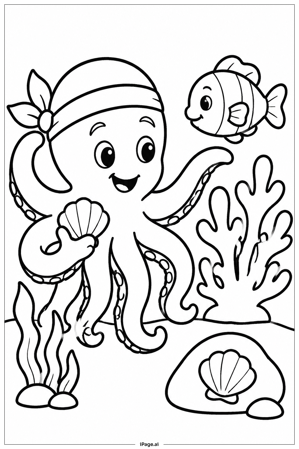 サンゴ礁のタコの塗り絵ページ