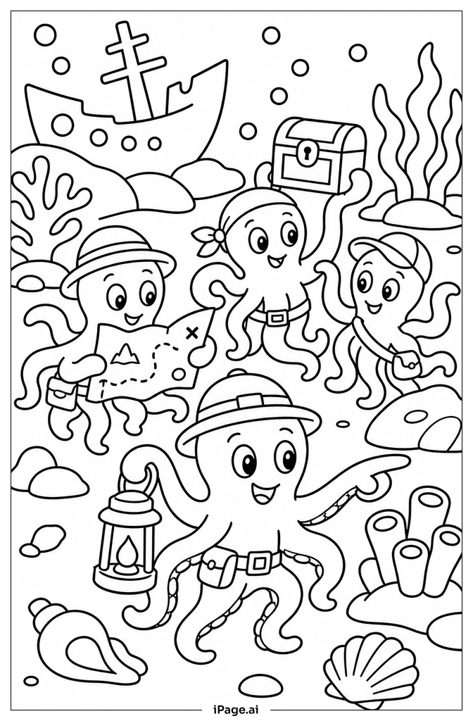 Oktopus-Entdeckerteam Ausmalseite