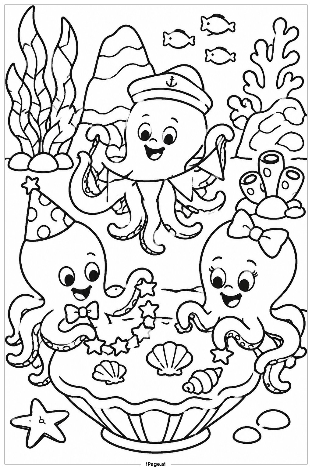 Tintenfisch-Familie Unterwasserparty Ausmalseite